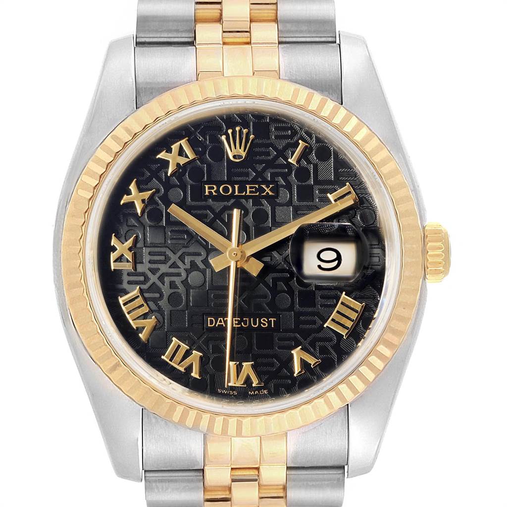 The image shows a front view of a Rolex Datejust 116233 Men's Stainless Steel Black Dial 116233 Men's Stainless Steel Black Dial watch highlighting its black dial, date window, and two-tone bracelet.