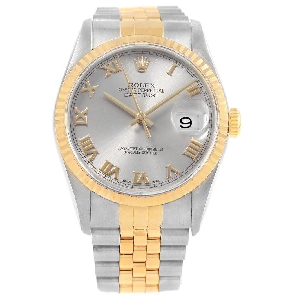 The Rolex Datejust 16233 Men's Steel and Gold (two tone) Grey Dial 16233 Men's Steel and Gold (two tone) Grey Dial watch is shown facing forward, displaying its dial, two-tone bezel, and bracelet.