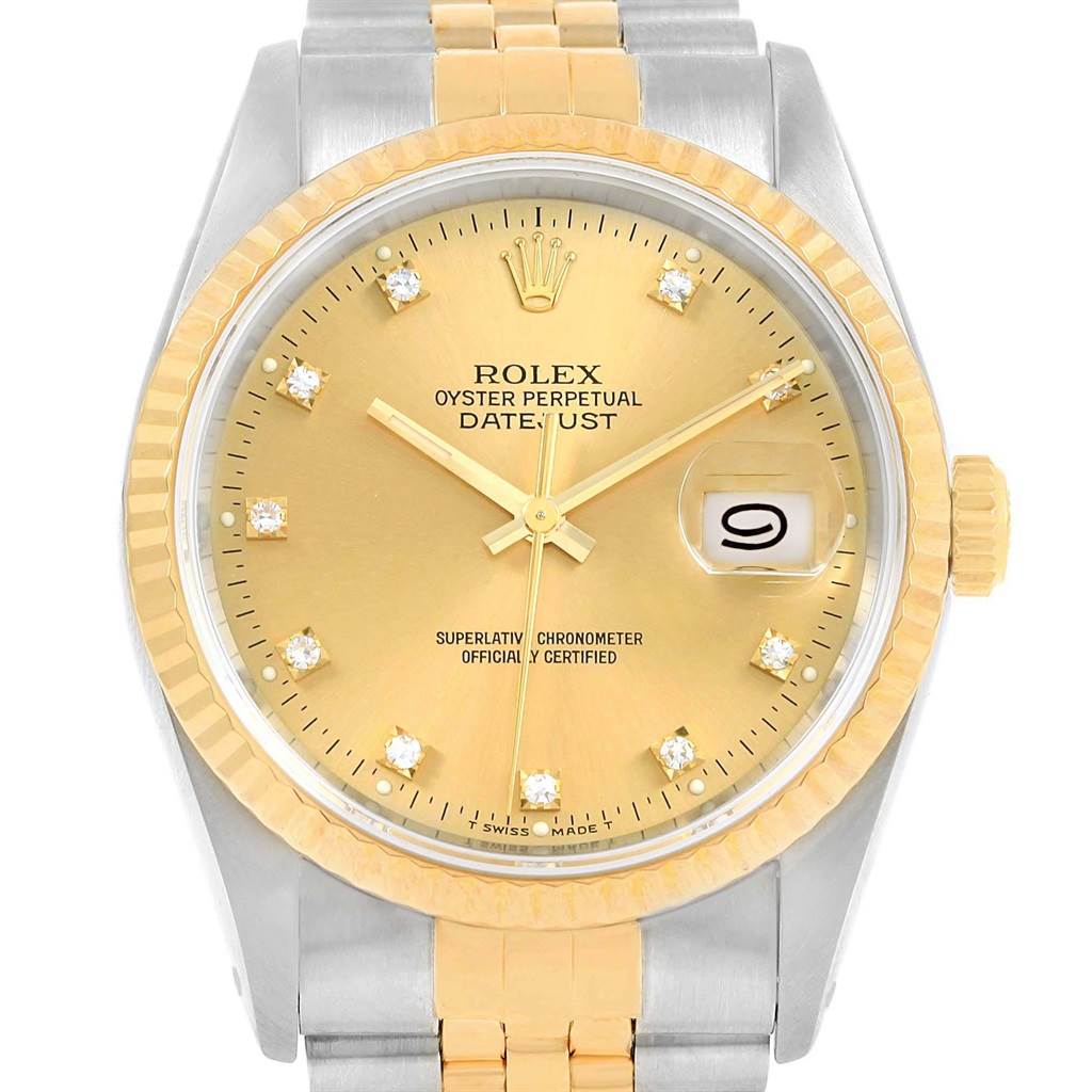 The image shows a front view of the Rolex Datejust 16233 Men's Steel and Gold (two tone) Champagne Dial 16233 Men's Steel and Gold (two tone) Champagne Dial watch, highlighting its gold dial, diamond markers, and two-tone bracelet.