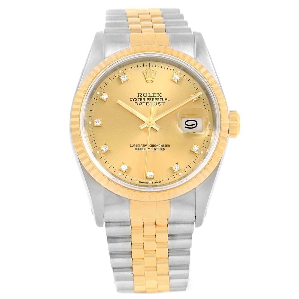 The image shows a front view of a Rolex Datejust 16233 Men's Steel and Gold (two tone) Champagne Dial 16233 Men's Steel and Gold (two tone) Champagne Dial watch with a gold dial, diamond hour markers, two-tone bracelet, and fluted bezel.
