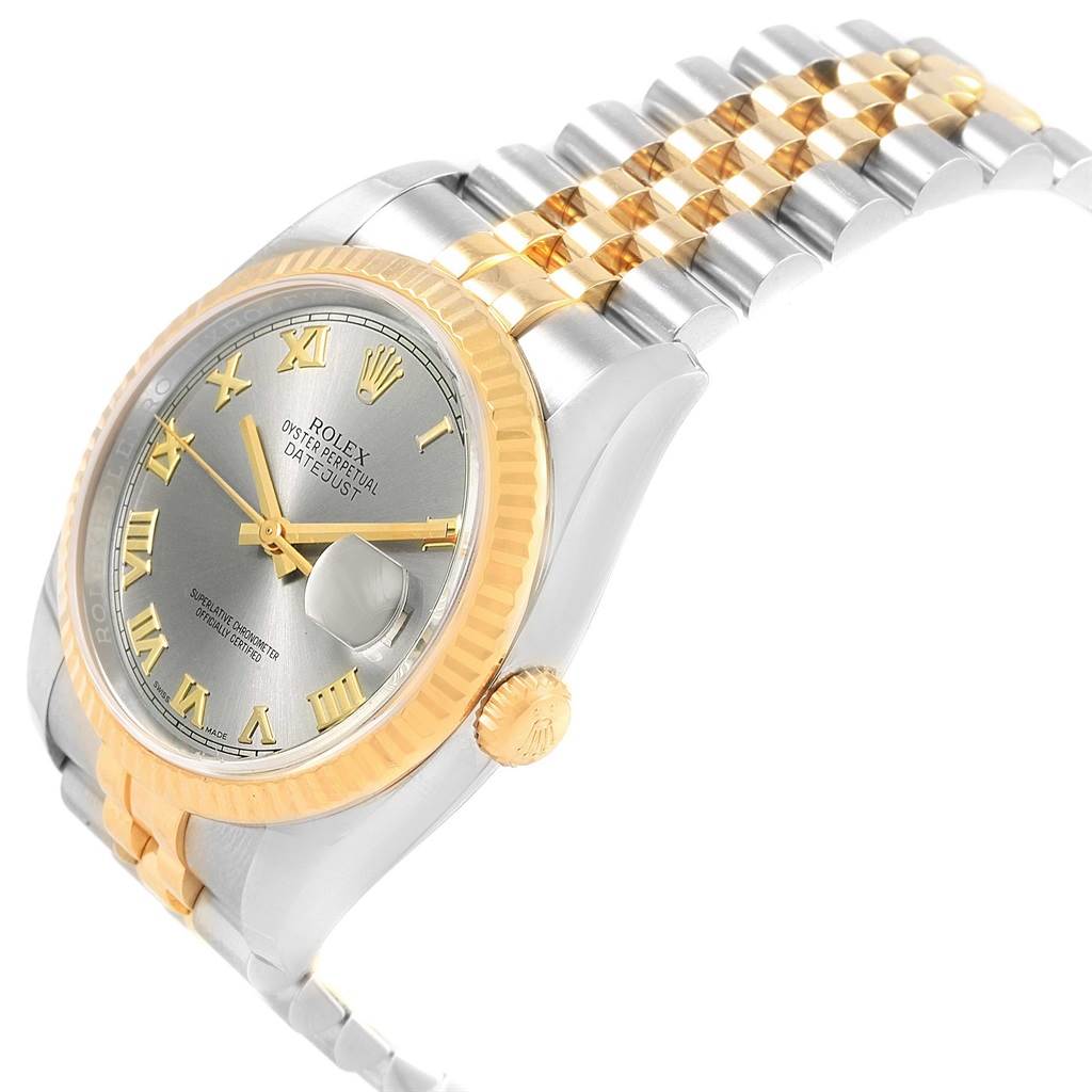 This Rolex Datejust 116233 Men's Stainless Steel Silver Dial 116233 Men's Stainless Steel Silver Dial watch is shown at a slight angle, highlighting its two-tone bracelet, dial, fluted bezel, and crown.