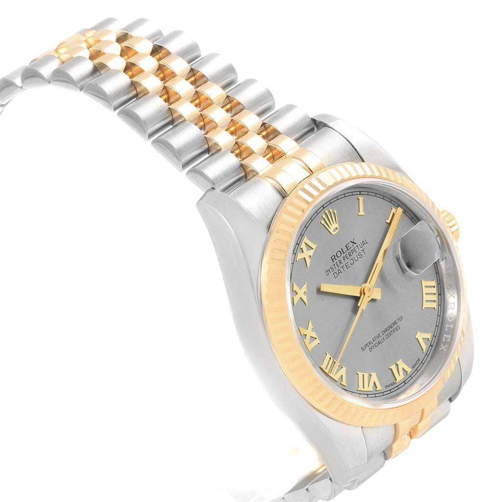 This image shows a side angle of the Rolex Datejust 116233 Men's Stainless Steel Silver Dial 116233 Men's Stainless Steel Silver Dial watch highlighting the dial, bezel, and two-tone bracelet.