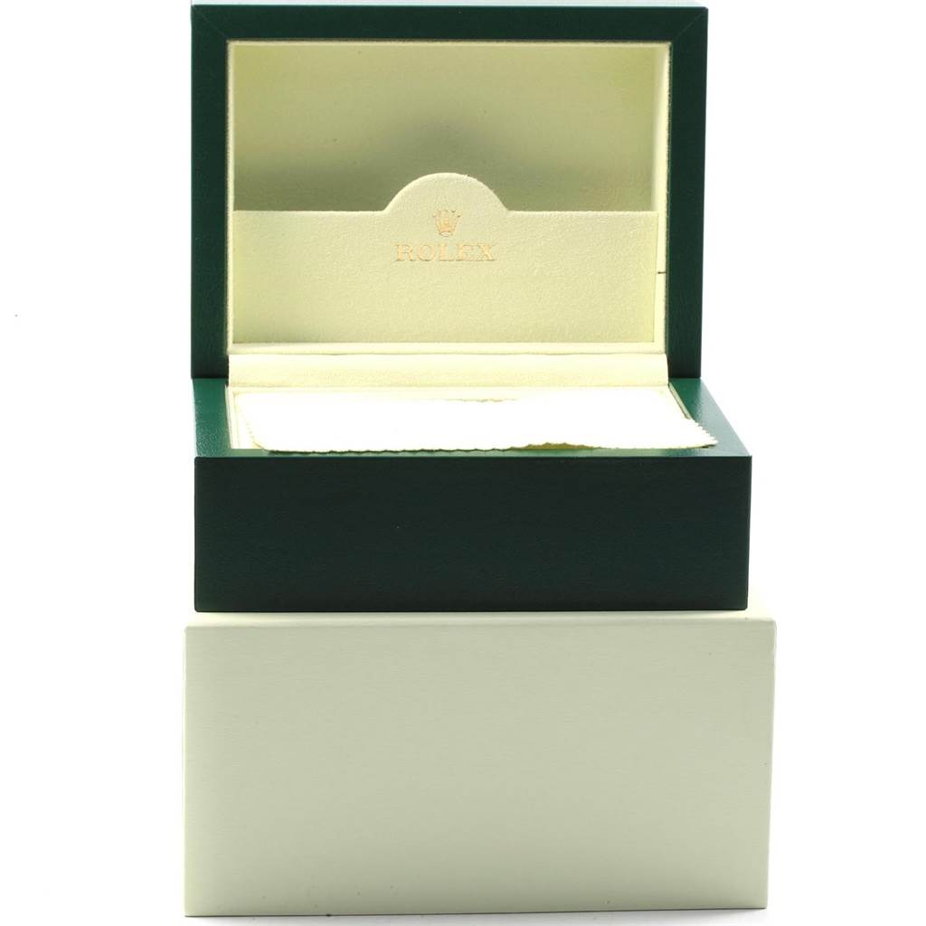 The image shows an open Rolex Datejust 116233 Men's Stainless Steel Silver Dial 116233 Men's Stainless Steel Silver Dial watch box, revealing a green interior with the Rolex logo.