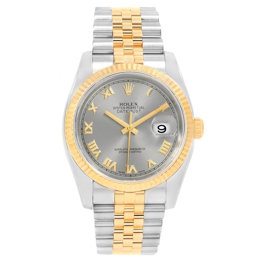 The Rolex Datejust 116233 Men's Stainless Steel Silver Dial 116233 Men's Stainless Steel Silver Dial watch is shown from the front, highlighting its dial, bezel, bracelet, and date window at 3 o'clock.