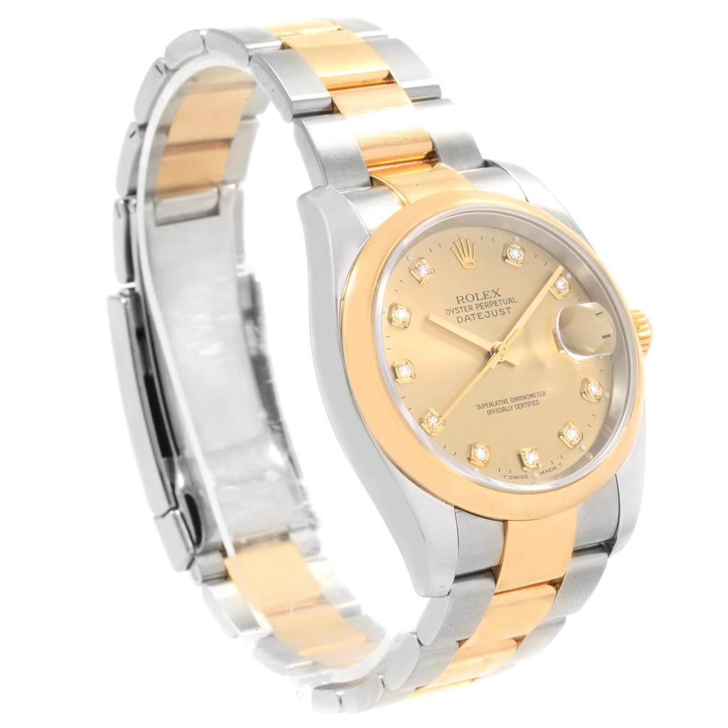 The image shows a Rolex Datejust 116203 Men's Stainless Steel Champagne Dial 116203 Men's Stainless Steel Champagne Dial watch at a three-quarter angle, highlighting the dial, bezel, and two-tone bracelet.