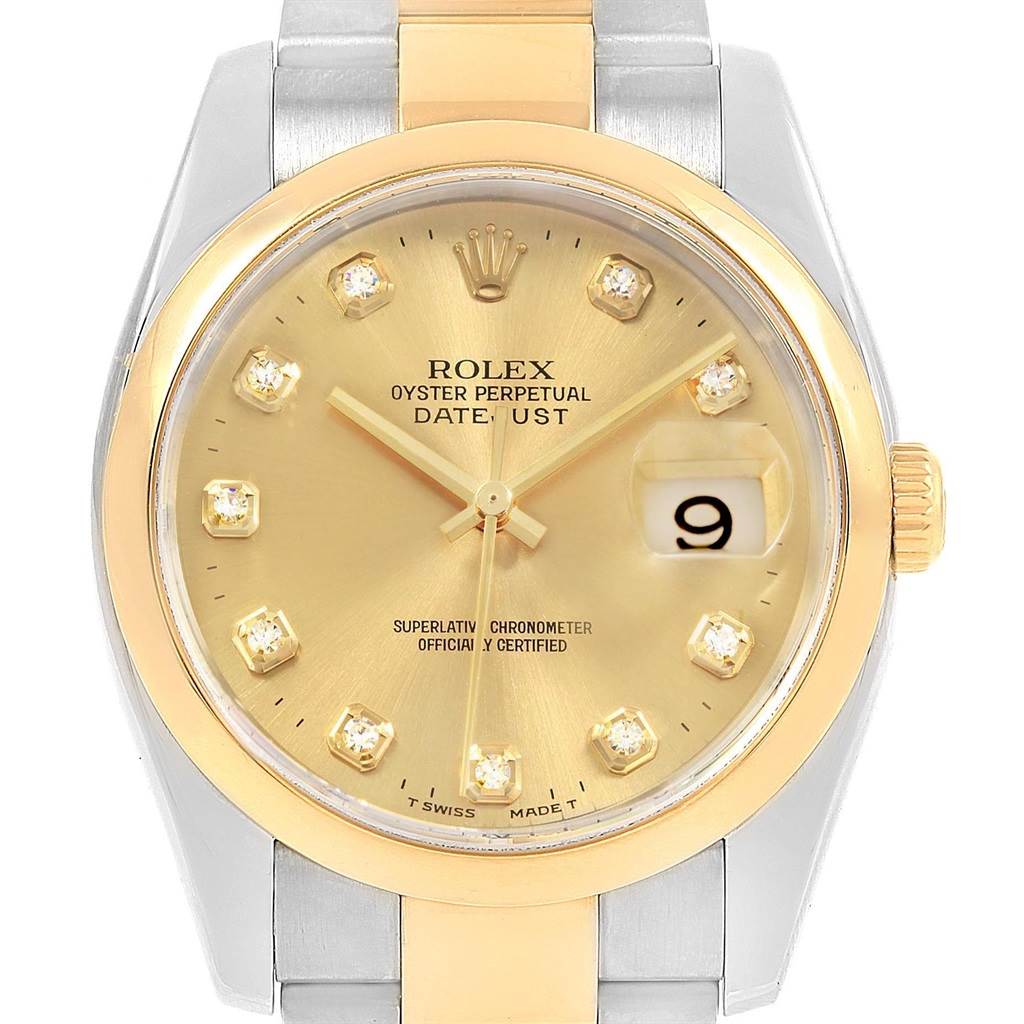 The image shows a Rolex Datejust 116203 Men's Stainless Steel Champagne Dial 116203 Men's Stainless Steel Champagne Dial watch from a front angle, displaying the gold dial, diamond hour markers, and date window at 3 o'clock.