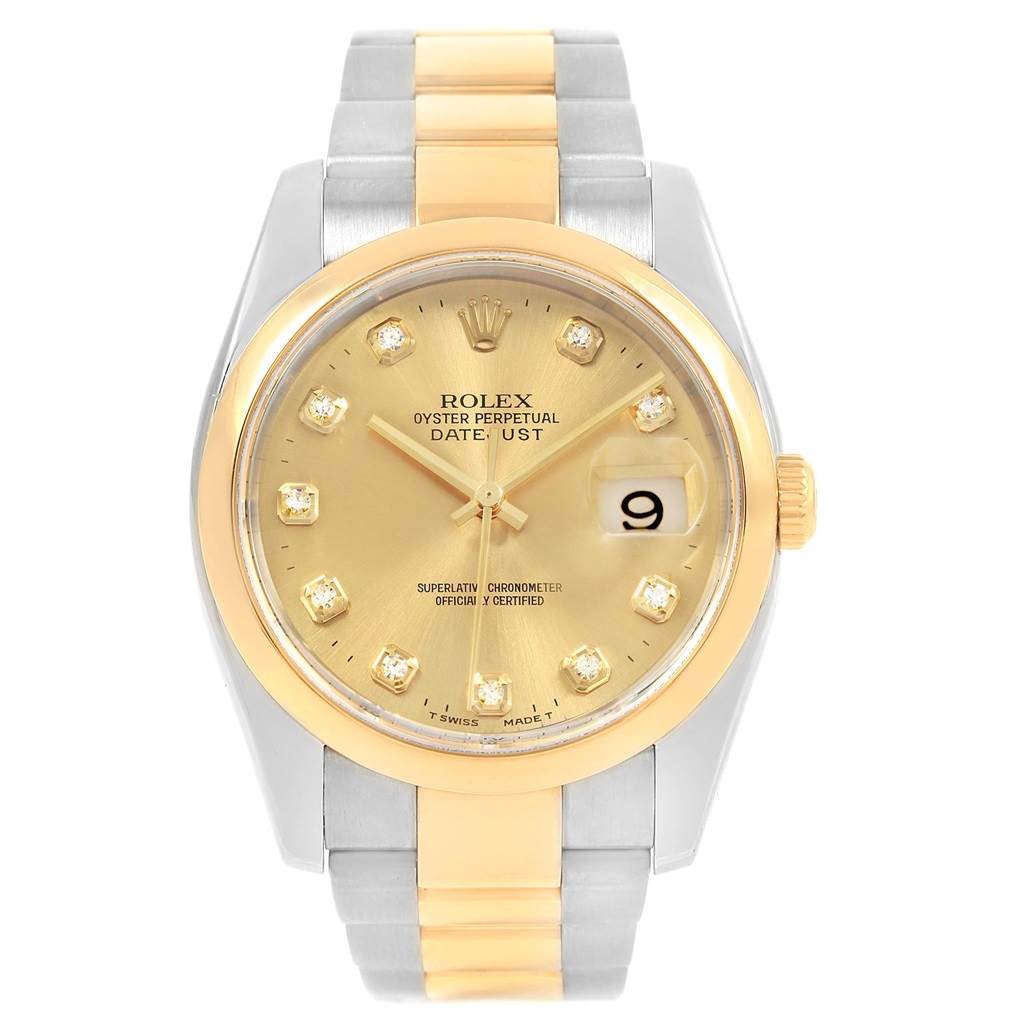 The image shows a frontal view of the Rolex Datejust 116203 Men's Stainless Steel Champagne Dial 116203 Men's Stainless Steel Champagne Dial watch, displaying its gold dial, date window, and two-tone bracelet.