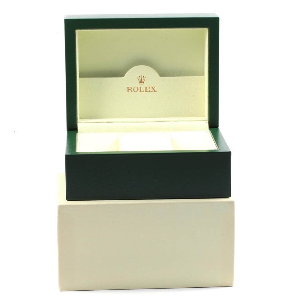 The image shows an open Rolex Datejust 116203 Men's Stainless Steel Champagne Dial 116203 Men's Stainless Steel Champagne Dial watch box from the front angle, featuring a green exterior and cream interior.