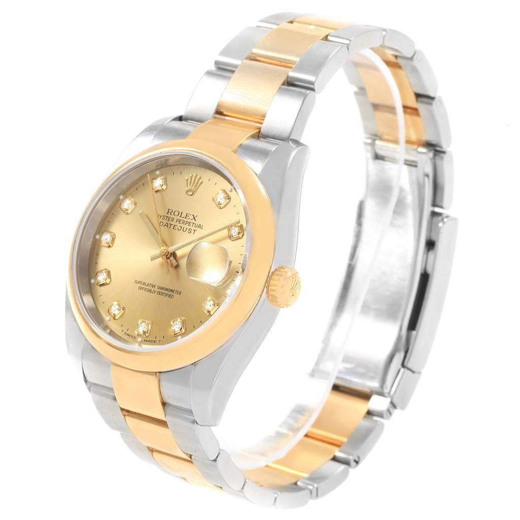 The image shows the Rolex Datejust 116203 Men's Stainless Steel Champagne Dial 116203 Men's Stainless Steel Champagne Dial watch at a three-quarter angle, displaying its face, bezel, crown, and bracelet.