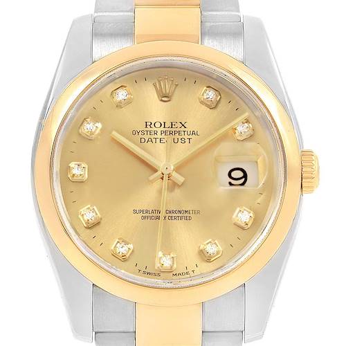 Photo of Rolex Datejust 36 Steel 18K Yellow Gold Diamond Dial Mens Watch 116203