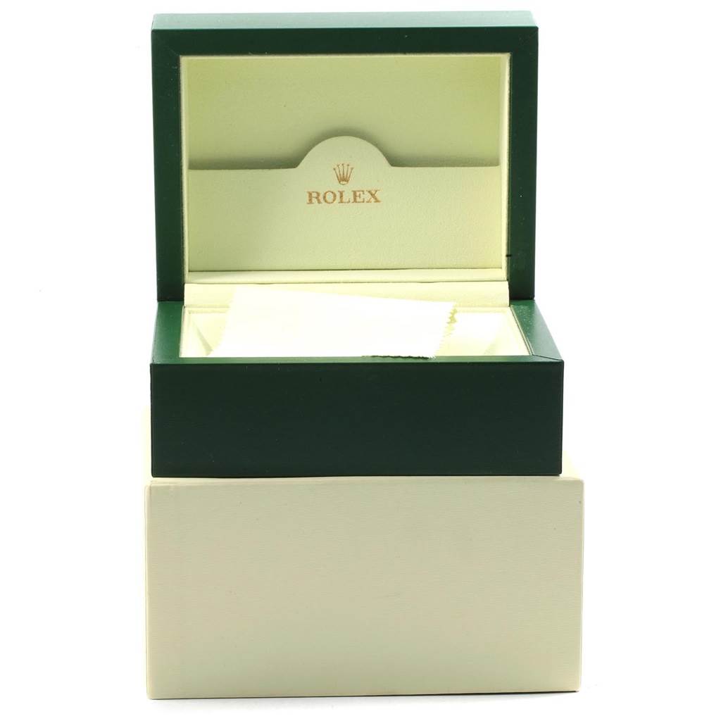 The image shows an open Rolex Datejust 116243 Men
s Stainless Steel Brown Dial 116243 Men
s Stainless Steel Brown Dial watch box from a front angle, displaying the interior packaging.