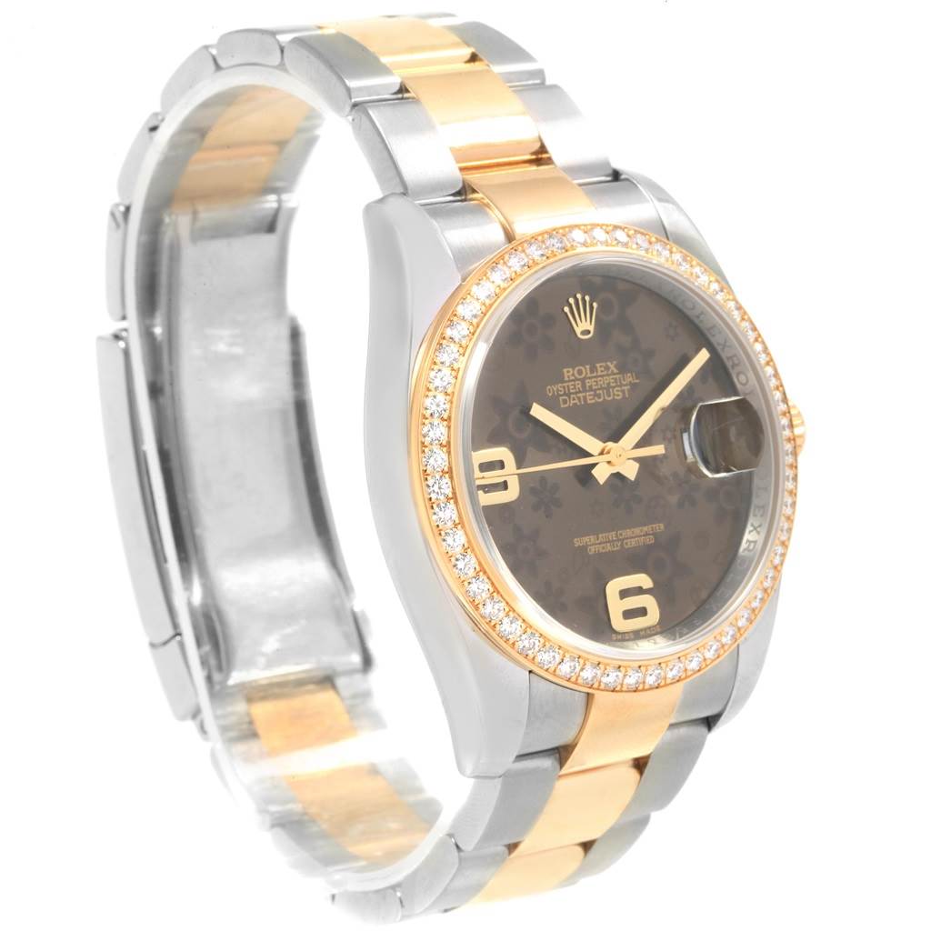 The image shows a Rolex Datejust 116243 Men
s Stainless Steel Brown Dial 116243 Men
s Stainless Steel Brown Dial watch at an angled side view, highlighting its bezel, dial, and two-tone bracelet.