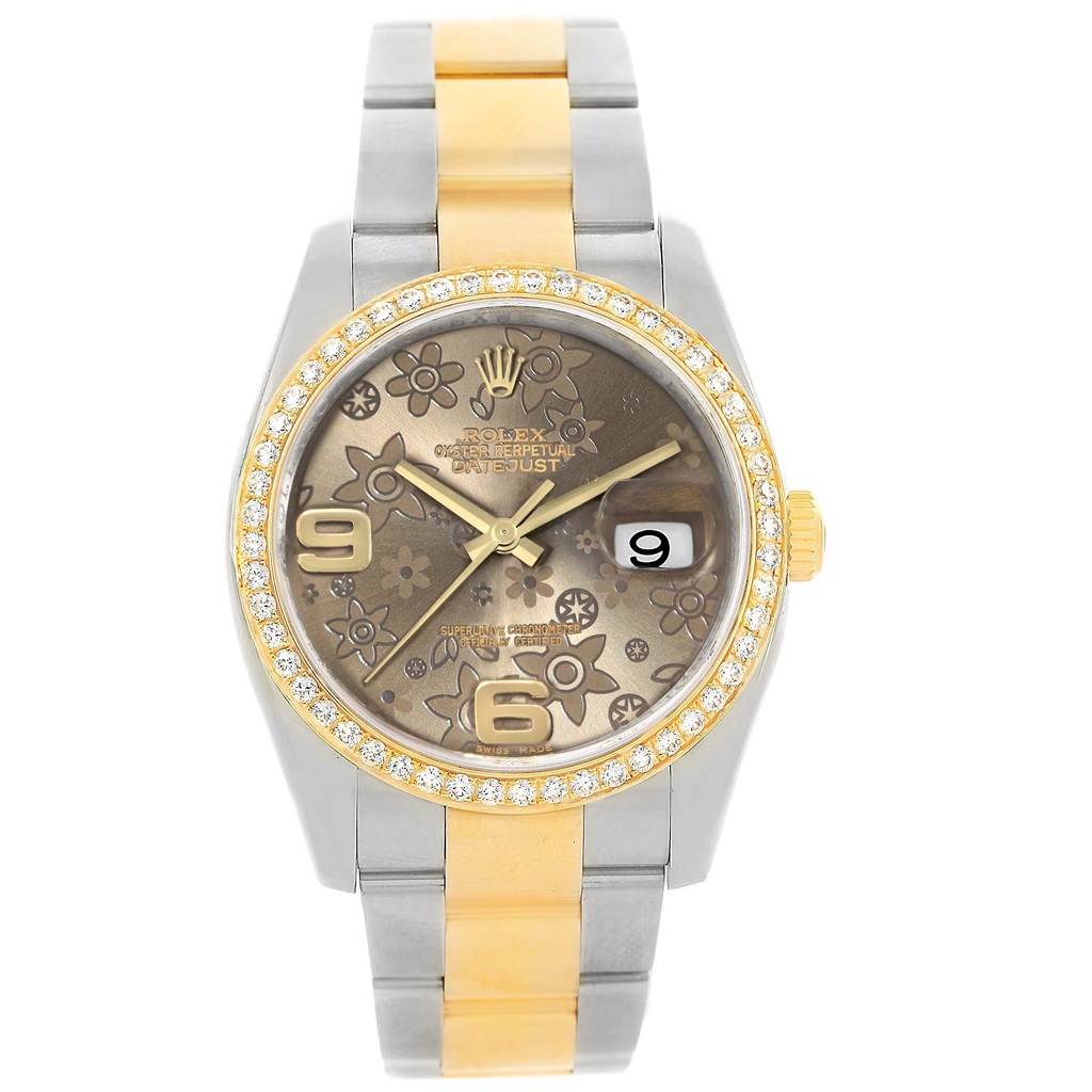 The Rolex Datejust 116243 Men
s Stainless Steel Brown Dial 116243 Men
s Stainless Steel Brown Dial watch is shown from a front angle, displaying the dial, bezel, crown, and bracelet.