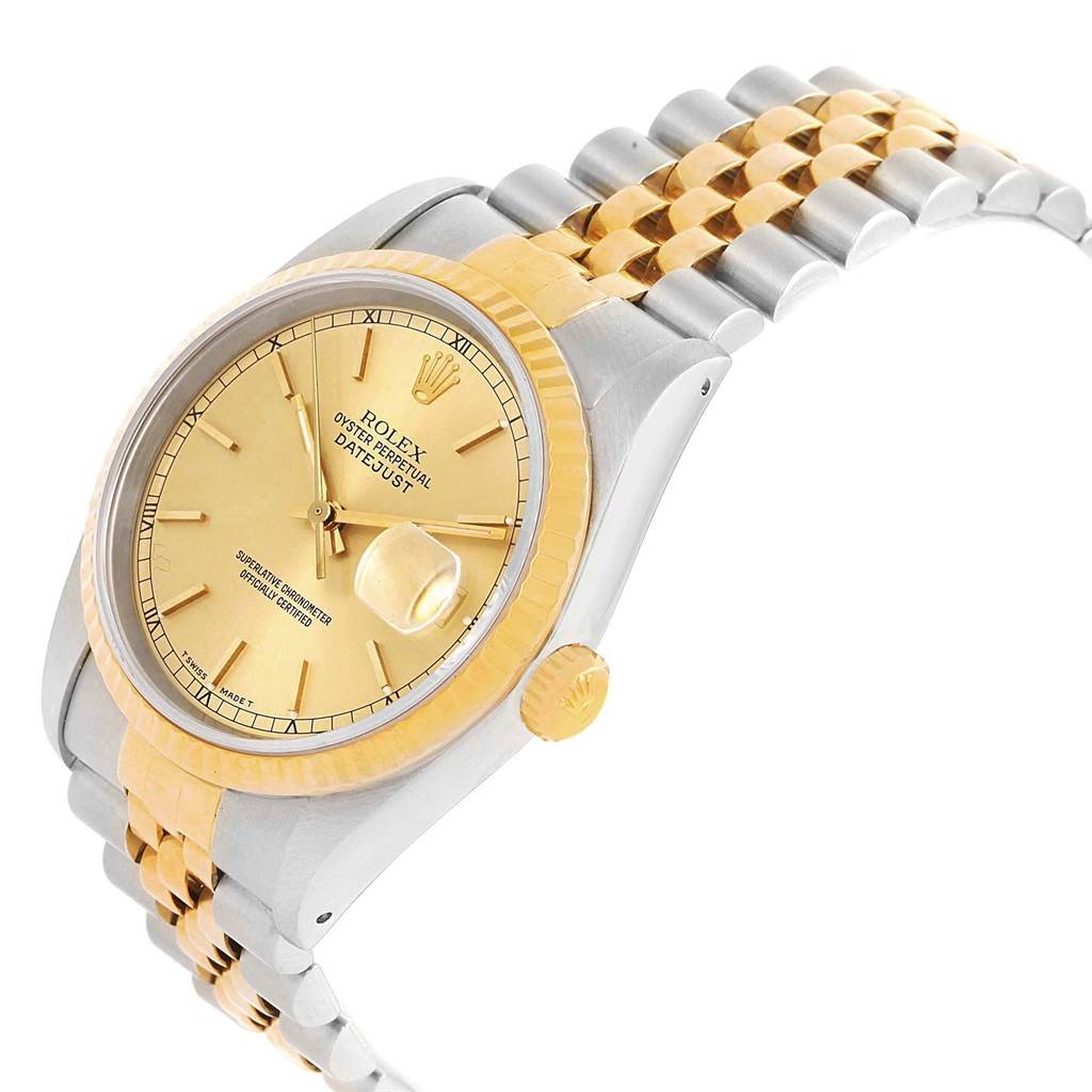 This image shows a Datejust model Rolex watch at an angled side view, highlighting the dial, bezel, crown, and bracelet.