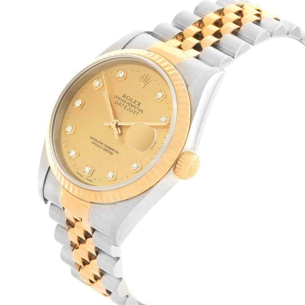 The Rolex Datejust 16233 Men's Steel and Gold (two tone) Champagne Dial 16233 Men's Steel and Gold (two tone) Champagne Dial watch is shown at an angle displaying the dial, bezel, and part of the bracelet.