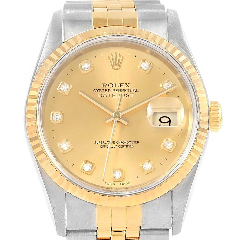 Rolex Datejust 36mm Steel Yellow Gold Diamond Dial Watch 16233 SwissWatchExpo
