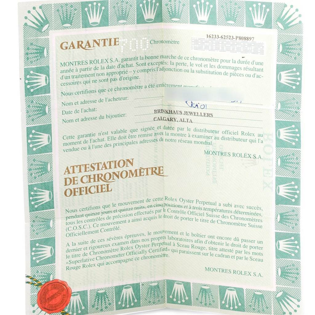 The image shows the official guarantee and chronometer certificate for the Rolex Datejust 16233 Men's Steel and Gold (two tone) White Dial 16233 Men's Steel and Gold (two tone) White Dial model.