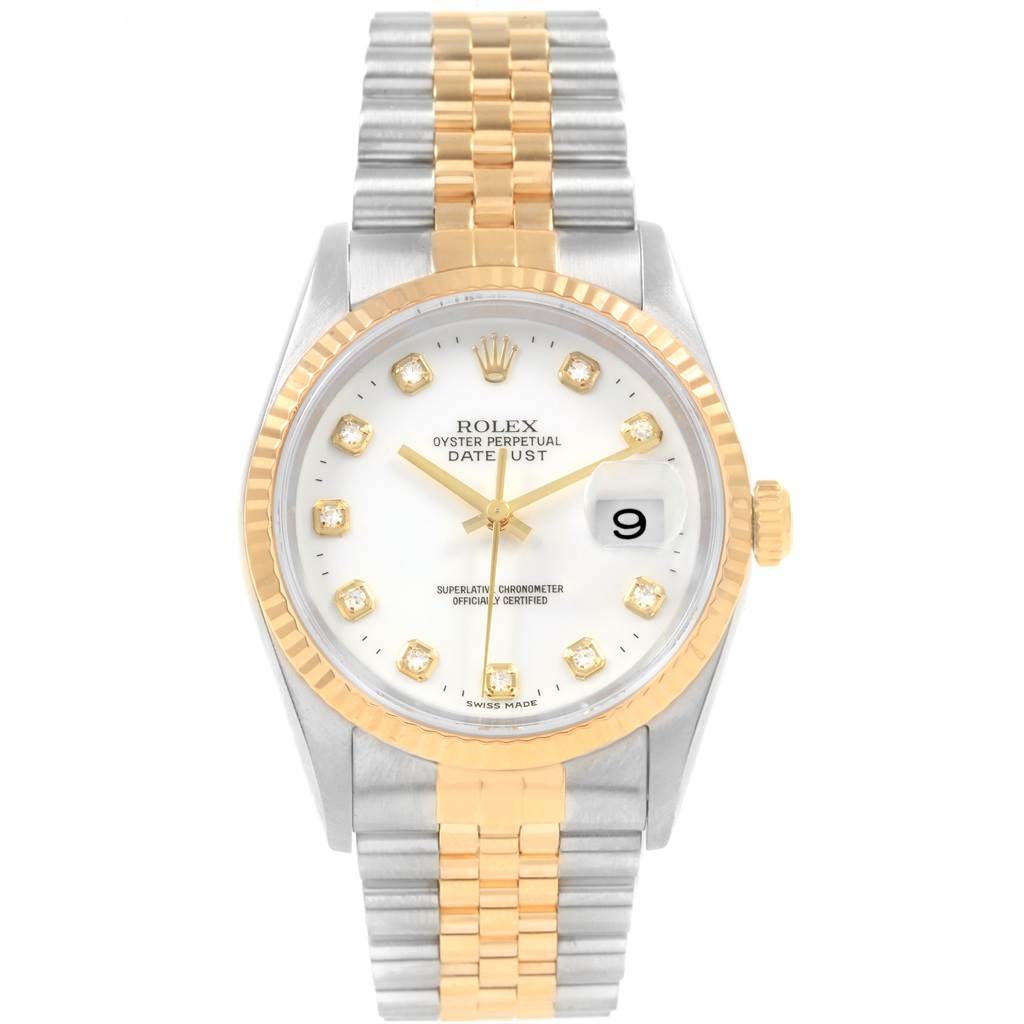 The Rolex Datejust 16233 Men's Steel and Gold (two tone) White Dial 16233 Men's Steel and Gold (two tone) White Dial watch is shown from the front, displaying its face, bezel, and two-tone bracelet.