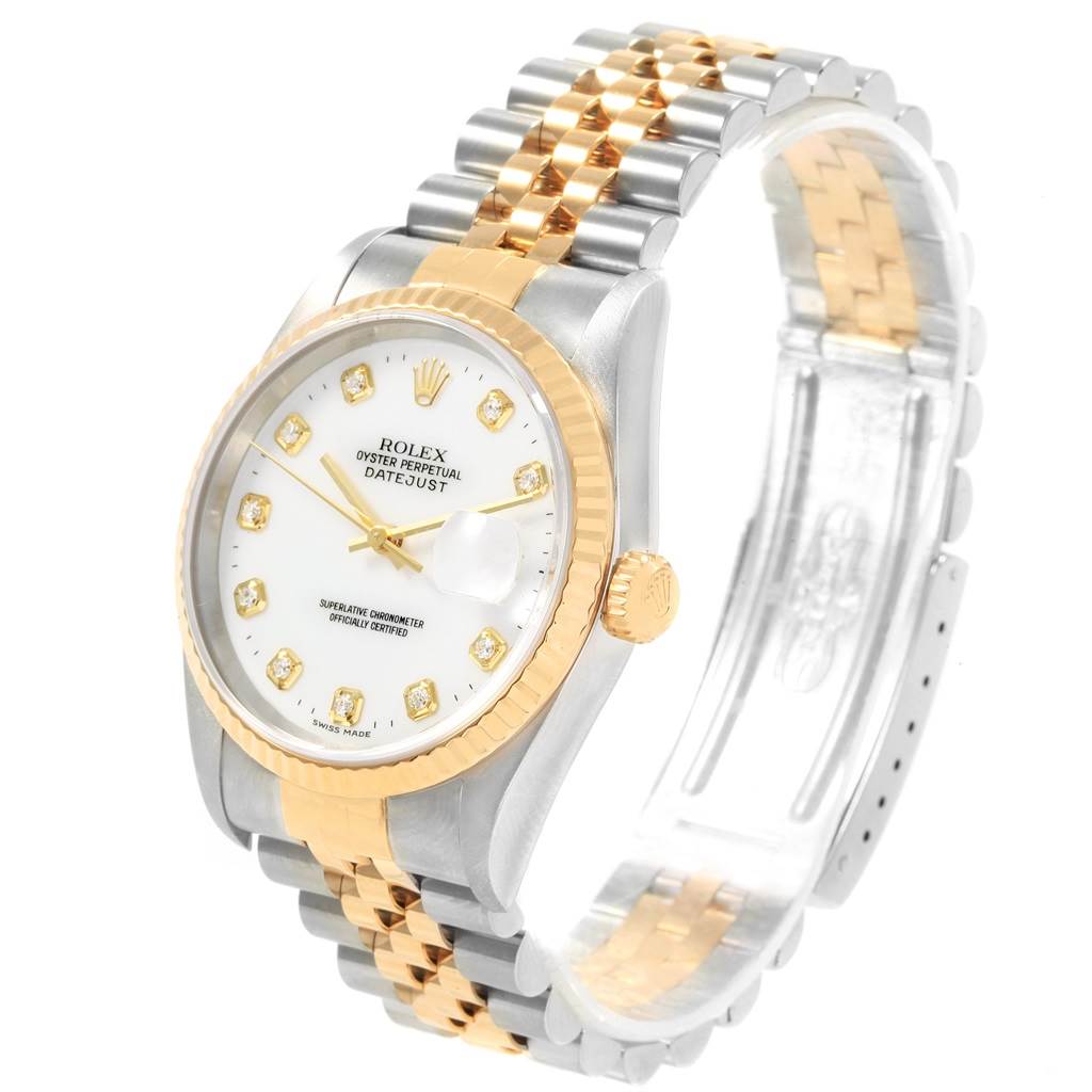 The Rolex Datejust 16233 Men's Steel and Gold (two tone) White Dial 16233 Men's Steel and Gold (two tone) White Dial watch is shown from a three-quarter angle, highlighting its two-tone bracelet, dial, and bezel.