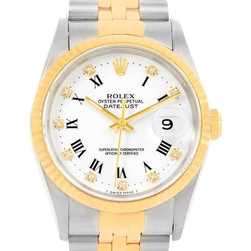 This image displays a front view of the Rolex Datejust 16233 Men's Steel and Gold (two tone) White Dial 16233 Men's Steel and Gold (two tone) White Dial watch, highlighting its dial, bezel, and part of the band.