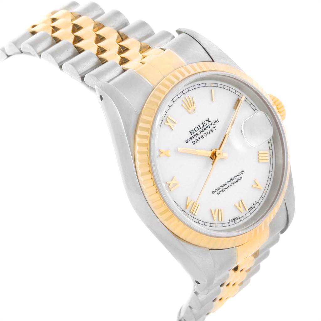 The image shows a Rolex Datejust 16233 Men's Steel and Gold (two tone) White Dial 16233 Men's Steel and Gold (two tone) White Dial watch at a slight angled view, featuring its two-tone bracelet, fluted bezel, and white dial.