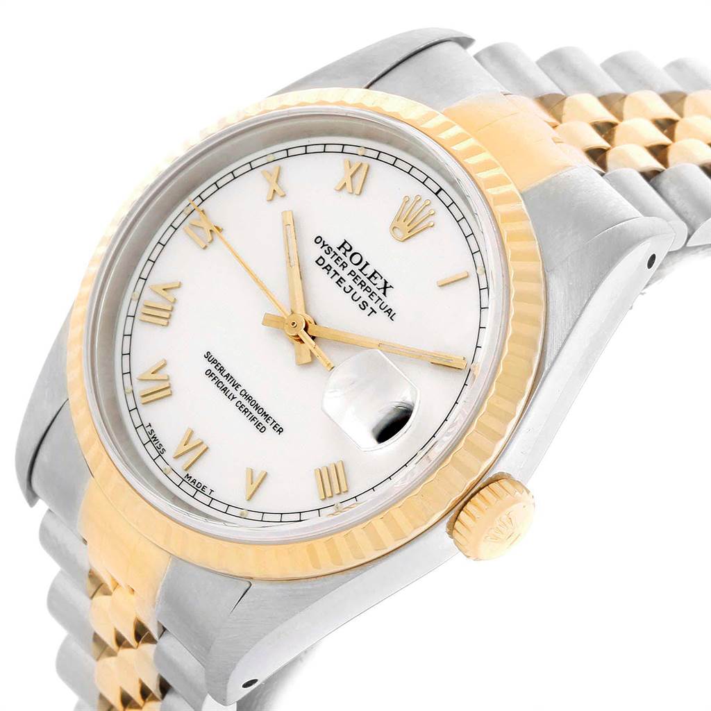 This image shows a close-up angle of a Rolex Datejust 16233 Men's Steel and Gold (two tone) White Dial 16233 Men's Steel and Gold (two tone) White Dial watch, displaying its dial, bezel, crown, and part of its bracelet.