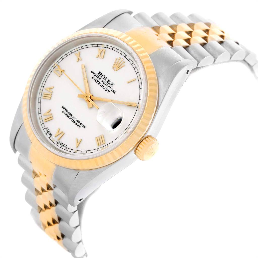 The image shows a close-up angle of the Rolex Datejust 16233 Men's Steel and Gold (two tone) White Dial 16233 Men's Steel and Gold (two tone) White Dial watch, highlighting its dial, bezel, crown, and part of the bracelet.