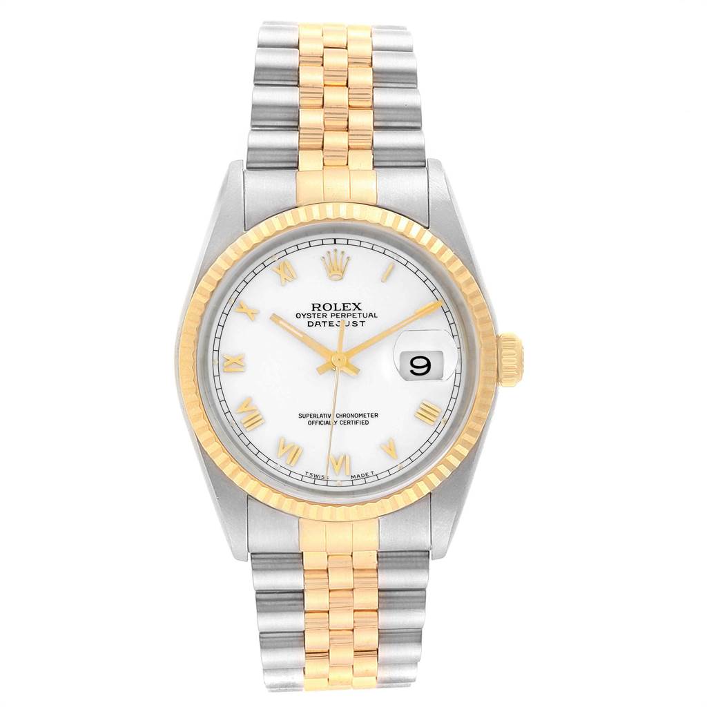 This image shows a Rolex Datejust 16233 Men's Steel and Gold (two tone) White Dial 16233 Men's Steel and Gold (two tone) White Dial watch from a top-down angle, highlighting its dial, bezel, and Jubilee bracelet.