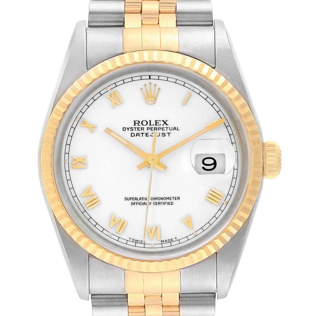 This image shows a frontal view of the Rolex Datejust 16233 Men's Steel and Gold (two tone) White Dial 16233 Men's Steel and Gold (two tone) White Dial watch, displaying the dial, bezel, bracelet, and crown.