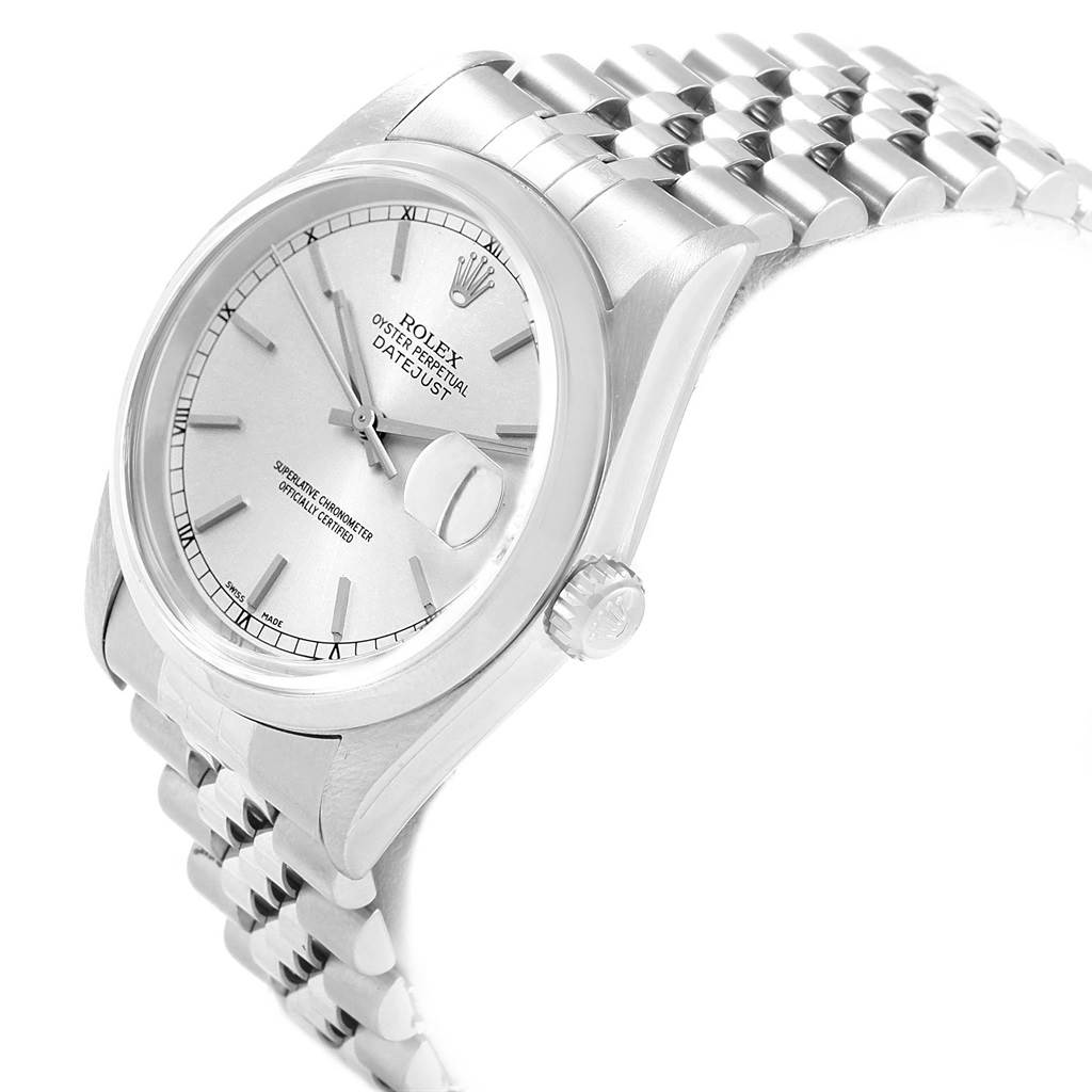 The image shows a silver Rolex Datejust 16200 Men's Stainless Steel Silver Dial 16200 Men's Stainless Steel Silver Dial watch angled slightly to display the dial, bezel, crown, and part of the bracelet.