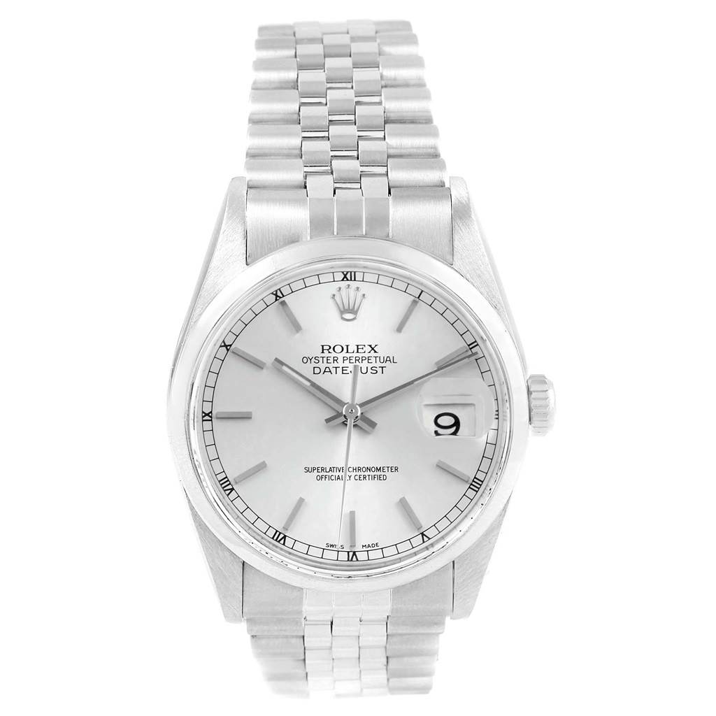 The image shows a front view of a Rolex Datejust 16200 Men's Stainless Steel Silver Dial 16200 Men's Stainless Steel Silver Dial watch, displaying its face, hour markers, hands, and bracelet.