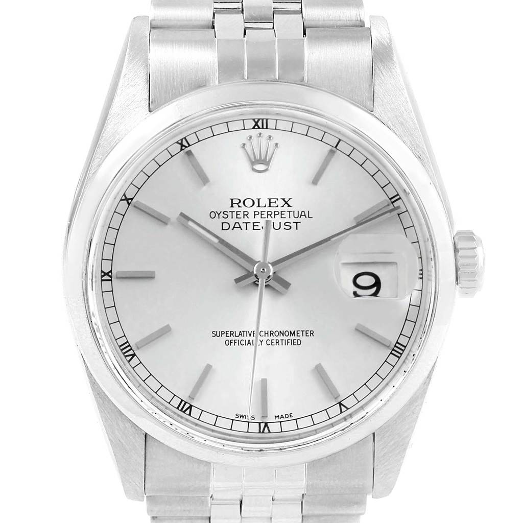 This image shows the front view of a Rolex Datejust 16200 Men's Stainless Steel Silver Dial 16200 Men's Stainless Steel Silver Dial watch, highlighting its dial, bezel, hands, and bracelet.