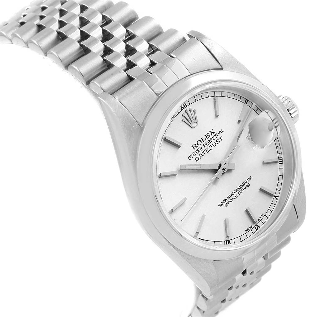 The image shows a Rolex Datejust 16200 Men's Stainless Steel Silver Dial 16200 Men's Stainless Steel Silver Dial watch at a three-quarter angle, highlighting its face, bracelet, and partial case.