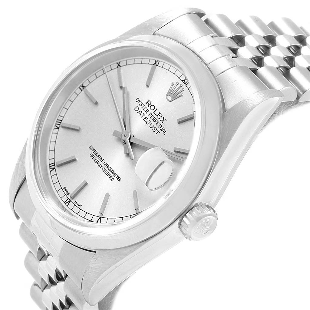 This image shows a Rolex Datejust 16200 Men's Stainless Steel Silver Dial 16200 Men's Stainless Steel Silver Dial watch at an angled view, highlighting the dial, crown, and a portion of the bracelet.