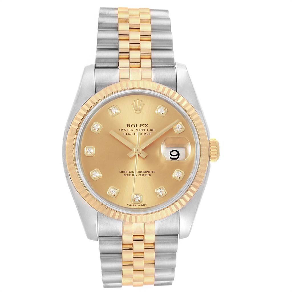 This is a frontal view of the Rolex Datejust 116233 Men's Stainless Steel Champagne Dial 116233 Men's Stainless Steel Champagne Dial, showing the dial, bezel, bracelet, and date window.