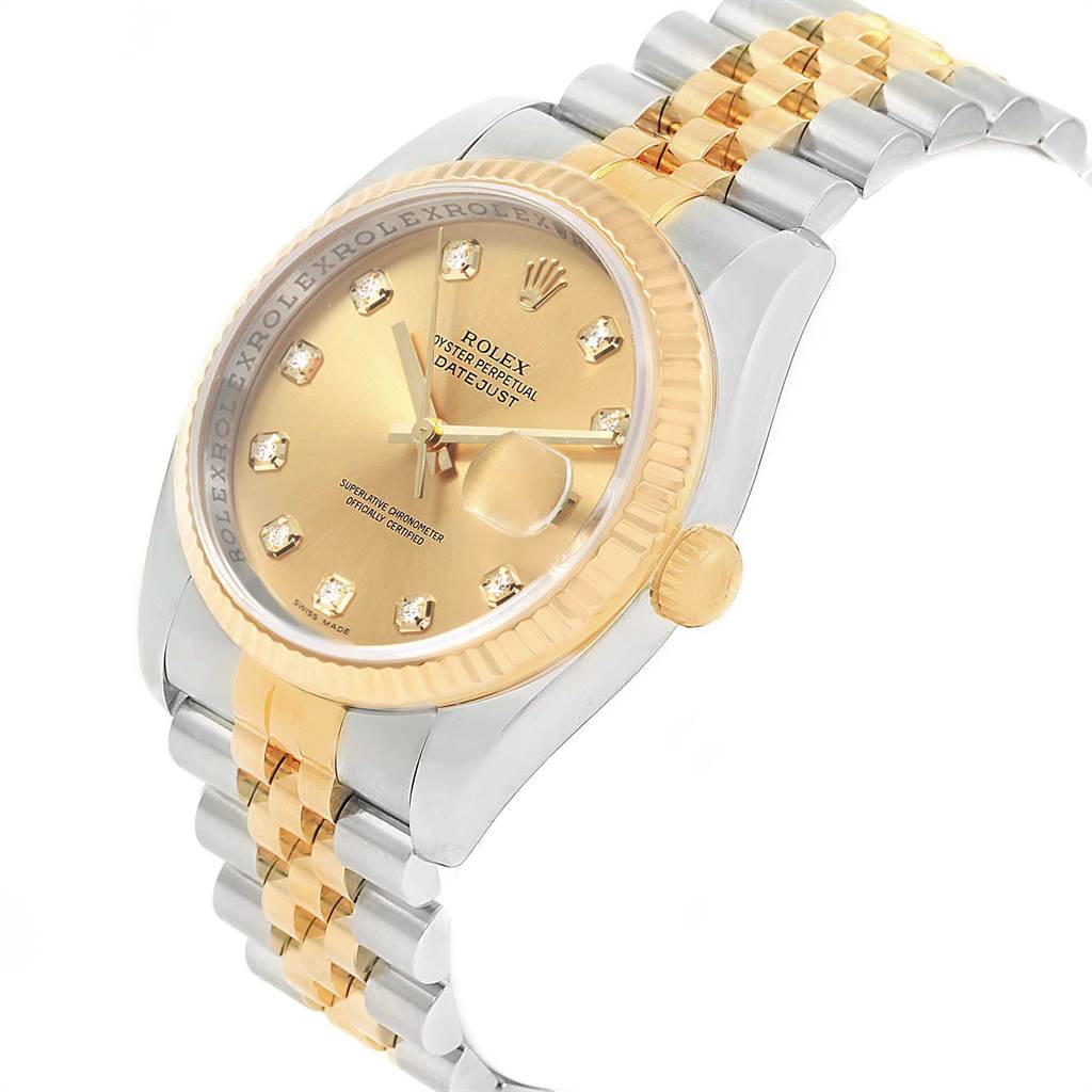 This image shows a Rolex Datejust 116233 Men's Stainless Steel Champagne Dial 116233 Men's Stainless Steel Champagne Dial watch at an angled side view, highlighting its gold and silver bracelet and diamond hour markers.