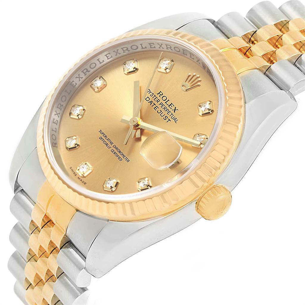 The image shows a close-up angle of the Rolex Datejust 116233 Men's Stainless Steel Champagne Dial 116233 Men's Stainless Steel Champagne Dial watch, highlighting its gold dial, crown, and two-tone bracelet.