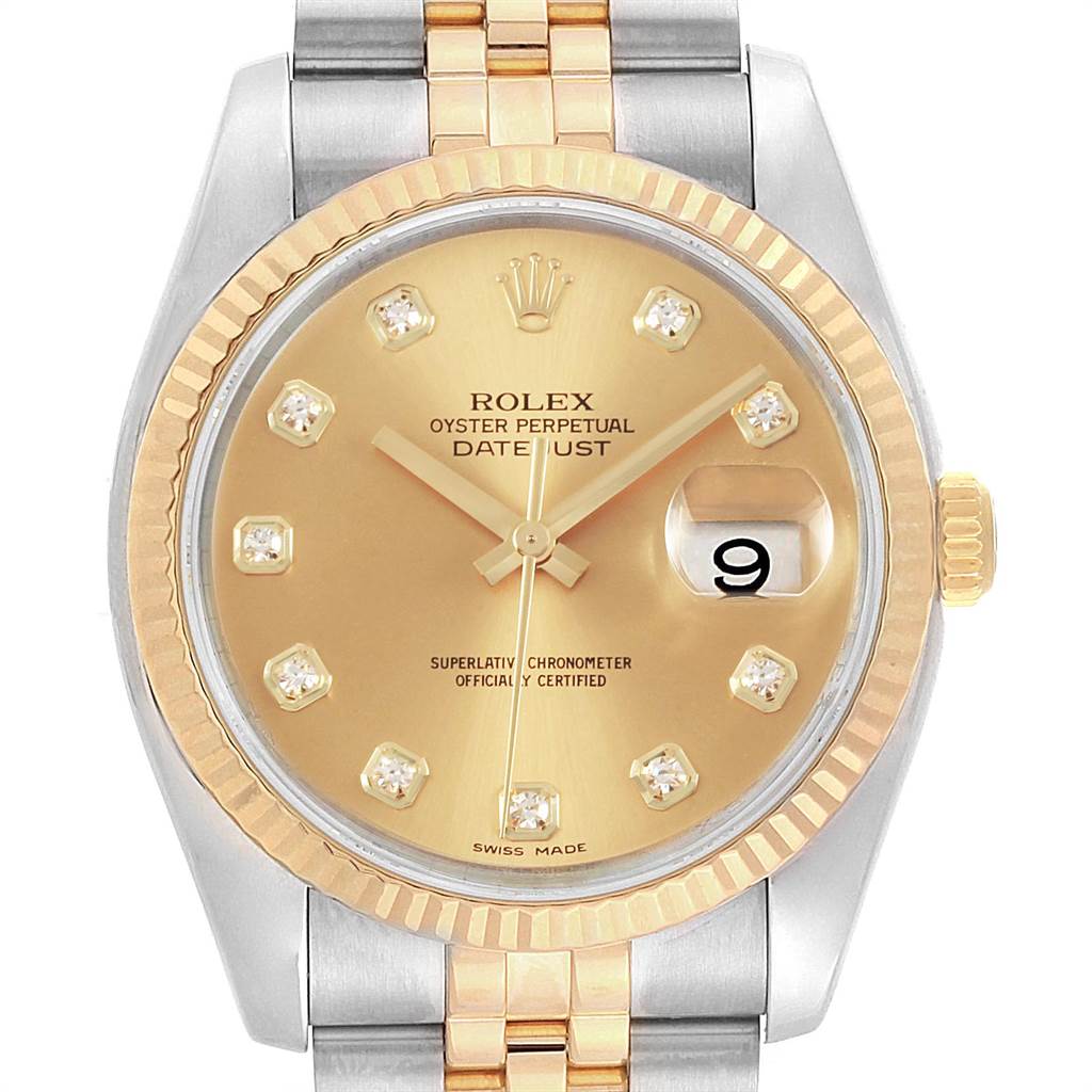 This is a front view of a Rolex Datejust 116233 Men's Stainless Steel Champagne Dial 116233 Men's Stainless Steel Champagne Dial watch, showcasing its gold dial, diamond hour markers, and two-tone bracelet.