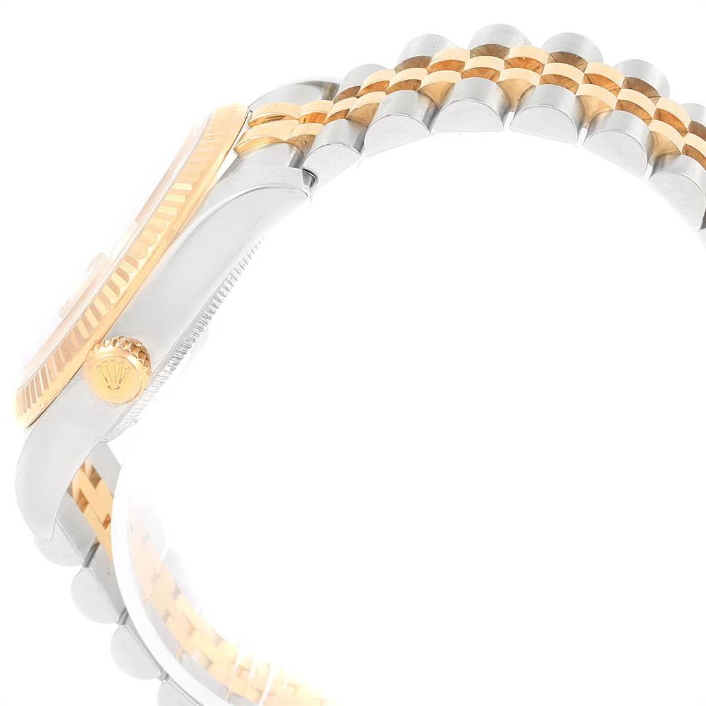 This image shows a side view of the Rolex Datejust 116233 Men's Stainless Steel Champagne Dial 116233 Men's Stainless Steel Champagne Dial watch, highlighting its crown and two-tone bracelet.