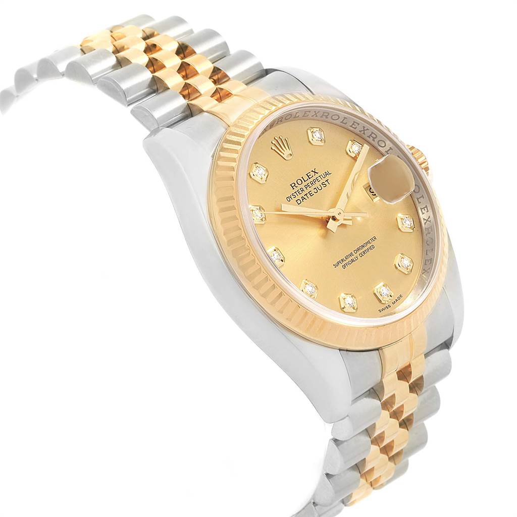 The image shows a side angle of a Rolex Datejust 116233 Men's Stainless Steel Champagne Dial 116233 Men's Stainless Steel Champagne Dial watch, highlighting its gold and silver Jubilee bracelet and diamond-set champagne dial.