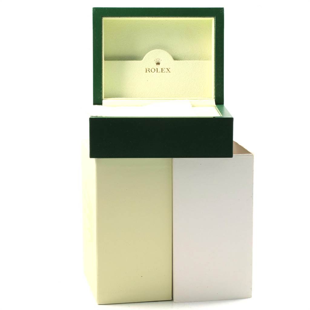 The image shows an open green and beige box for the Rolex Datejust 116233 Men's Stainless Steel Champagne Dial 116233 Men's Stainless Steel Champagne Dial model, revealing the Rolex logo inside the lid.