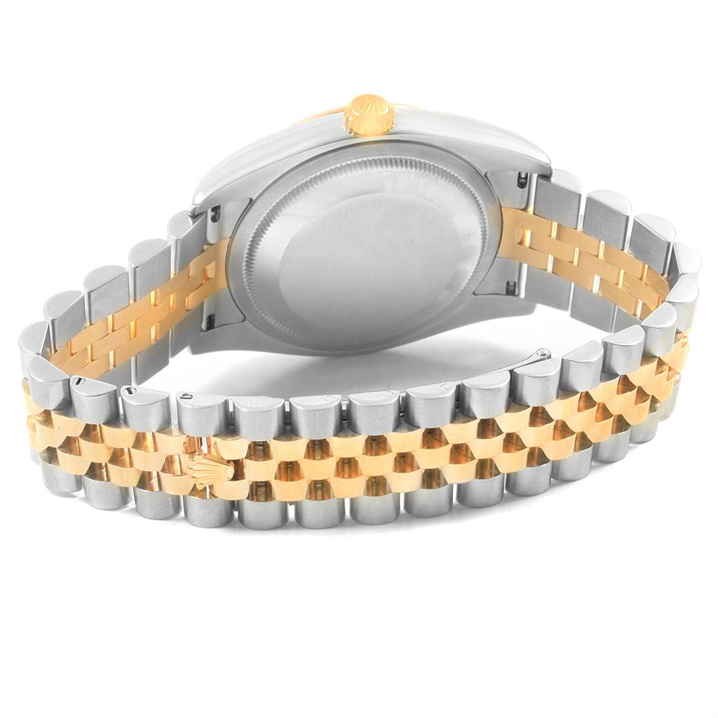 The image shows the back case and bracelet of a Rolex Datejust 116233 Men's Stainless Steel Champagne Dial 116233 Men's Stainless Steel Champagne Dial watch, angled from behind, highlighting the Jubilee two-tone band.