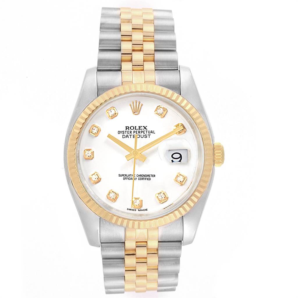 This image shows the front view of a Rolex Datejust 116233 Men's Stainless Steel White Dial 116233 Men's Stainless Steel White Dial watch, including its face, bezel, crown, and two-tone bracelet.