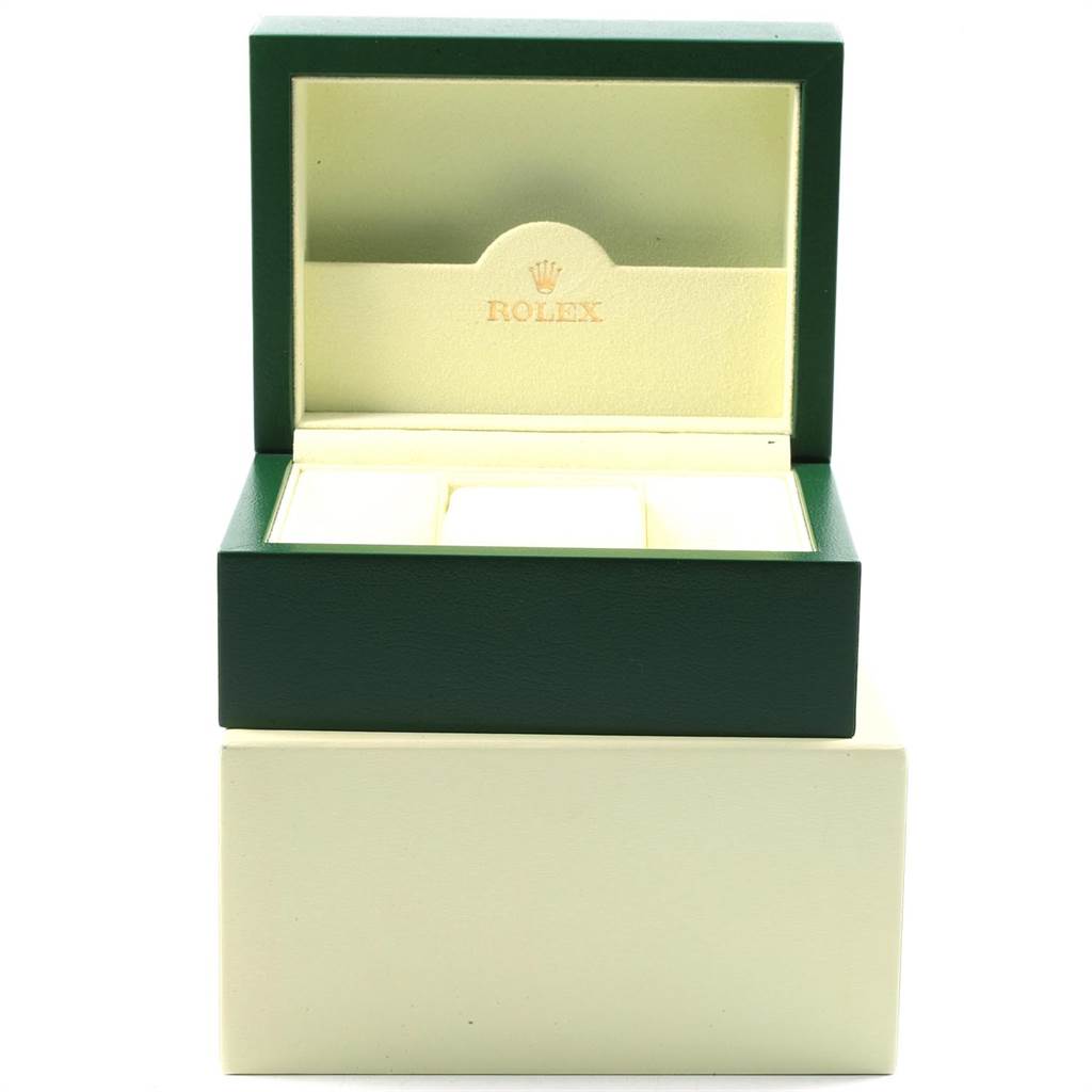 The image shows an open green box for a Rolex Datejust 116233 Men's Stainless Steel White Dial 116233 Men's Stainless Steel White Dial watch, displaying the brand logo inside the lid.