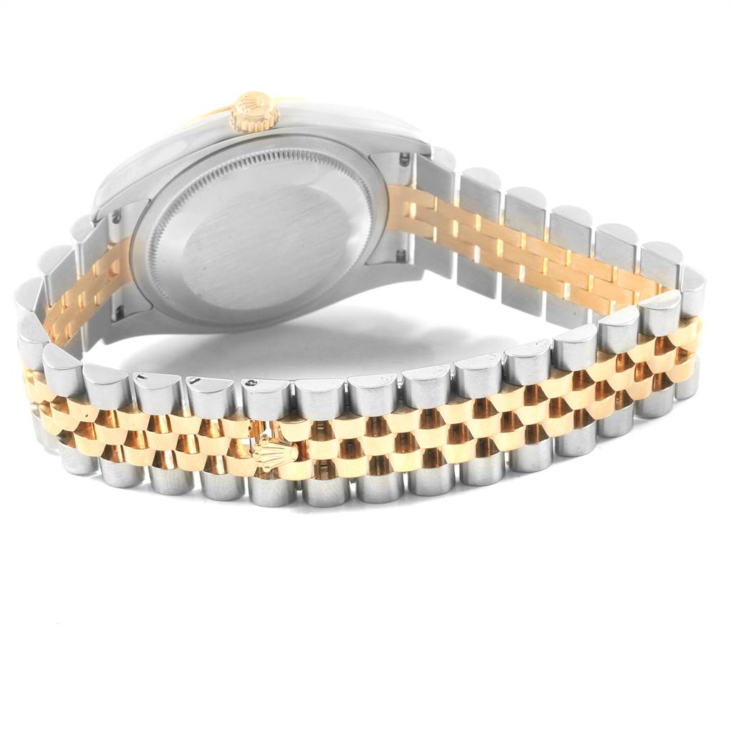 This image shows the back case and bracelet of a Rolex Datejust 116233 Men's Stainless Steel White Dial 116233 Men's Stainless Steel White Dial watch at an angle, highlighting its two-tone metal design.