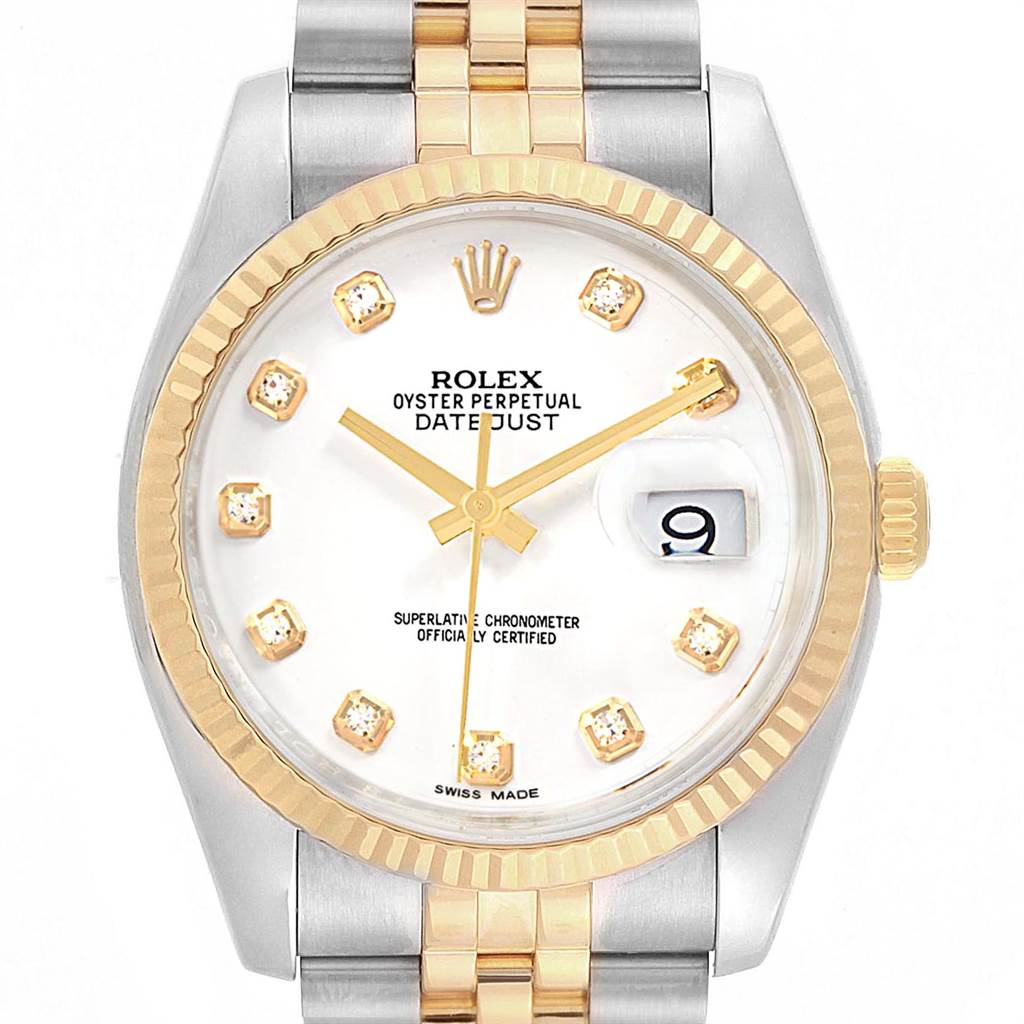 The watch shown is a Rolex Datejust 116233 Men's Stainless Steel White Dial 116233 Men's Stainless Steel White Dial model with a gold bezel, gold and stainless steel bracelet, and a date feature at the 3 o’clock position.