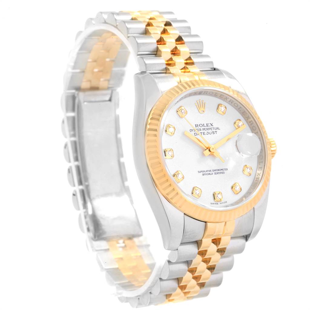 The image displays a Rolex Datejust 116233 Men's Stainless Steel White Dial 116233 Men's Stainless Steel White Dial watch at an angled side view, showcasing its two-tone bracelet, fluted bezel, and diamond hour markers.