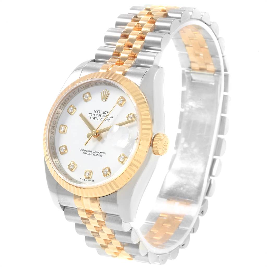 The image shows a Rolex Datejust 116233 Men's Stainless Steel White Dial 116233 Men's Stainless Steel White Dial watch at a slight angle, highlighting the face, bezel, crown, and bracelet.