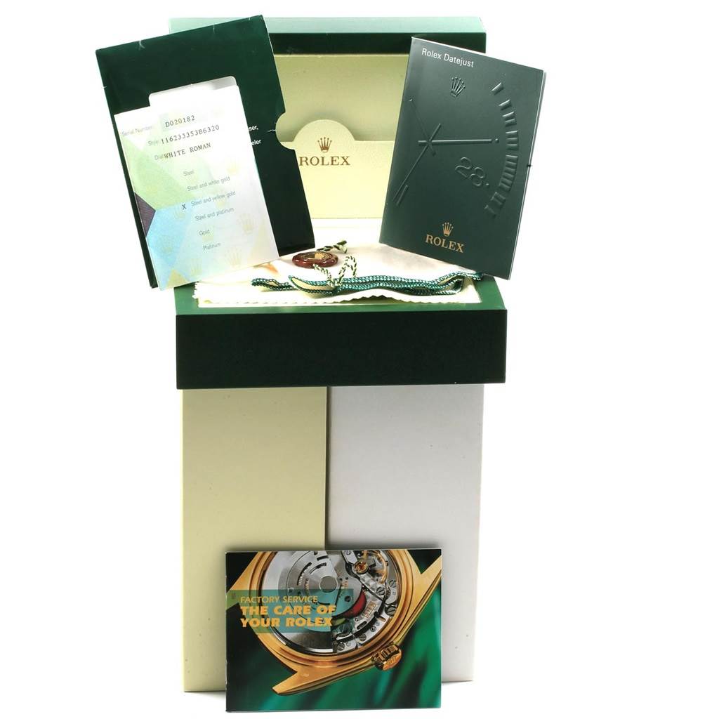 This image shows the packaging, papers, and accessories for a Rolex Datejust 116233 Men's Stainless Steel White Dial 116233 Men's Stainless Steel White Dial watch.