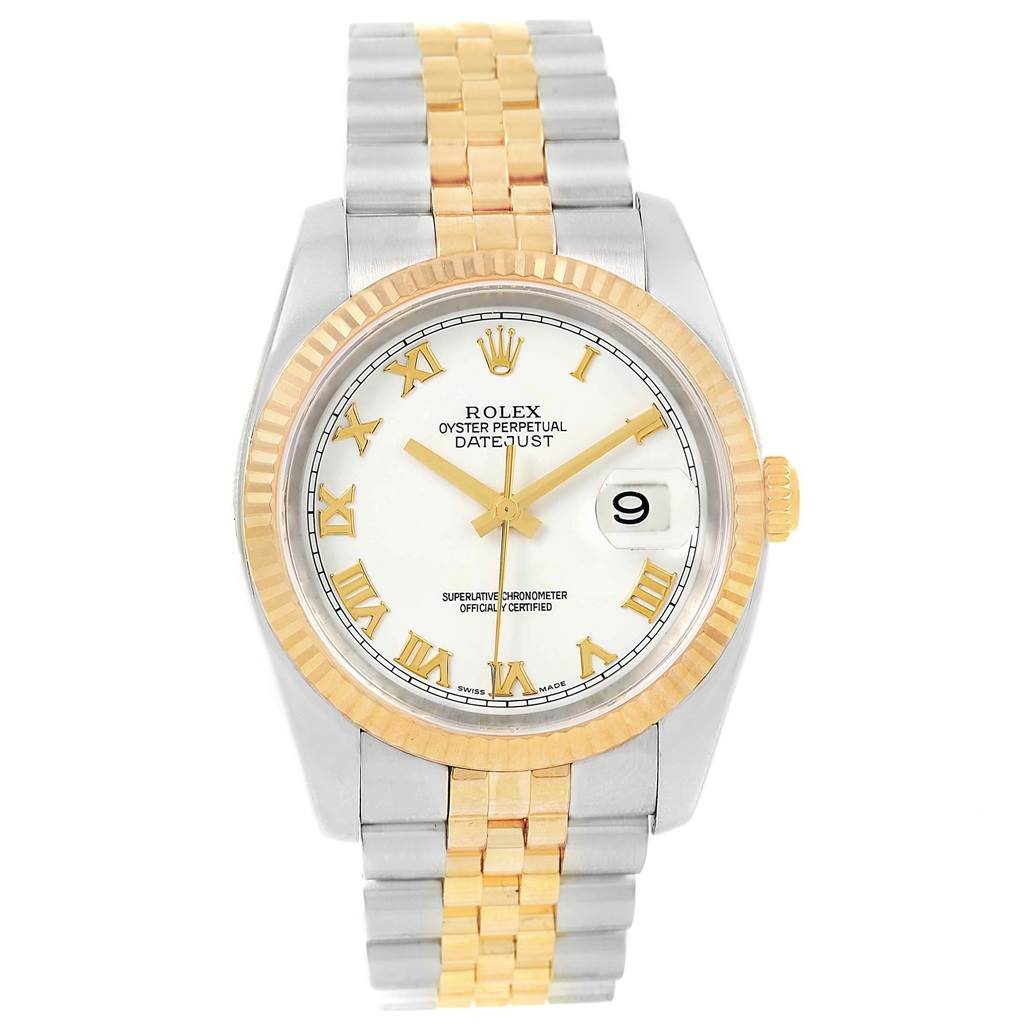 The image shows a front view of a Rolex Datejust 116233 Men's Stainless Steel White Dial 116233 Men's Stainless Steel White Dial watch featuring a fluted bezel, Roman numeral markers, and a two-tone bracelet.